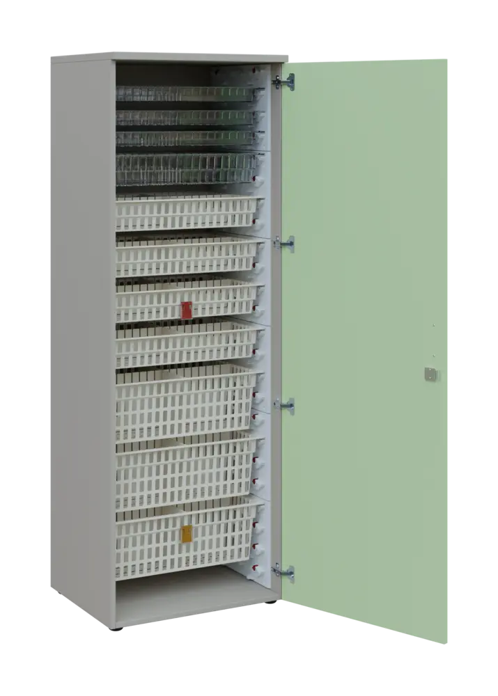 EUROMEDICA D - 66 skříň léková boxová, 1-dveřová, pravá, 1950x660x535, korpus šedý, dvířka šedo-zelinkavá